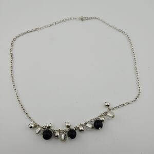 Silver Tone Chain With Black & Silver Beaded Tassel Fringe Trim Dangle Drop